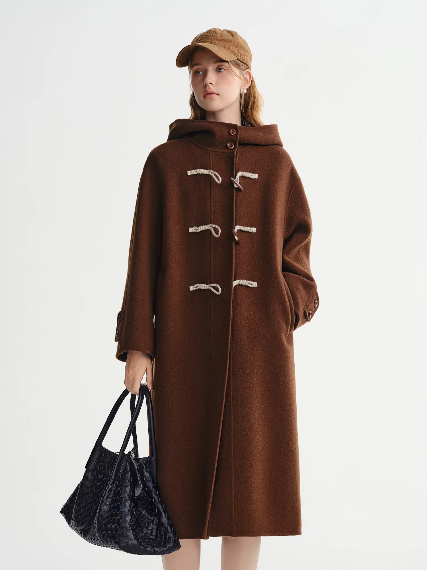 Winter 2025 Women's Horn Button Wool Blend Coat - Korean Style Double Faced Midi Length Stand Collar Casual Elegance