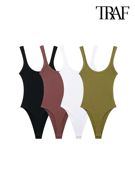 TRAF-Skinny Ribbed Bodysuits for Women, O Neck, Straps, Snap-Button, Female Playsuits, Sexy Fashion