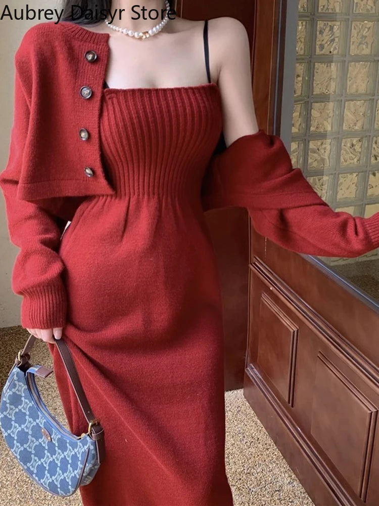 Elegant Red Knitting Dress Women Korean Fashion Office Lady Two Piece Dress Female Winter Warm Casual Christmas Party Dress 2023