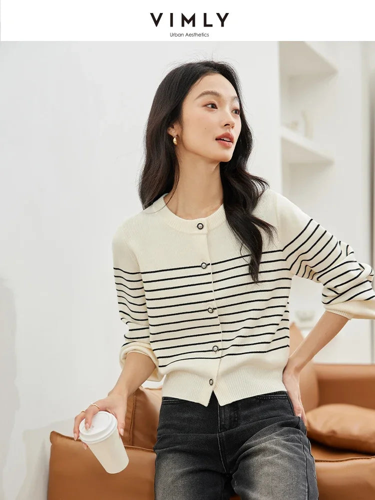 VIMLY Women's Simple Office Lady Knitwear Autumn New Striped Long Sleeve O-Neck Single Breasted Button Versatile Cardigan Tops