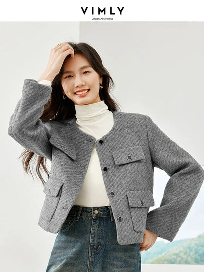 VIMLY Women's Woolen Cropped Jacket Elegant Short Blazer Autumn Winter Office Lady Coat Long Sleeve Simple Outerwear M5555