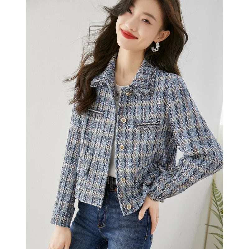 Autumn Winter Fragrant Style Turn Neck Straight Tube Tweed Short Coat Women's Long Sleeve Jackets