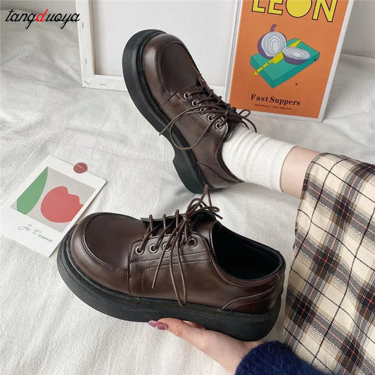 Platform Vintage Shoes Oxford Shoes 2024 autumn Vintage Brown Leather Lace Up Women Fashion Loafer Shoes Black Oxford Shoes