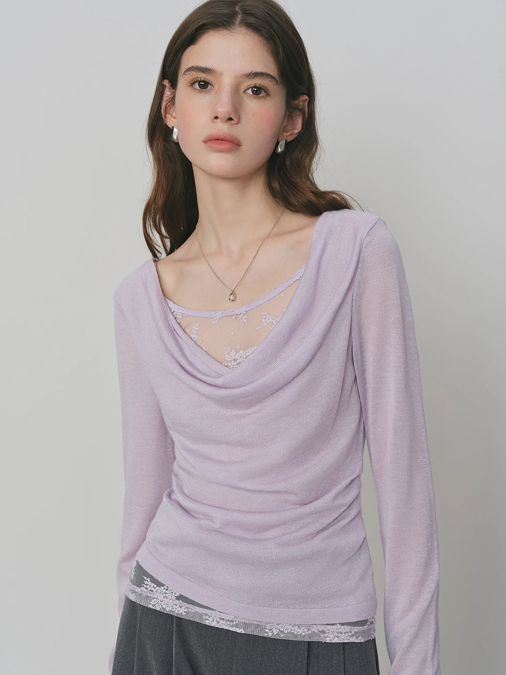 FSLE Purple Swing Collar Mesh Knit Sweater Women 2025 Autumn New Thin Slightly Transparent Long Sleeve Top