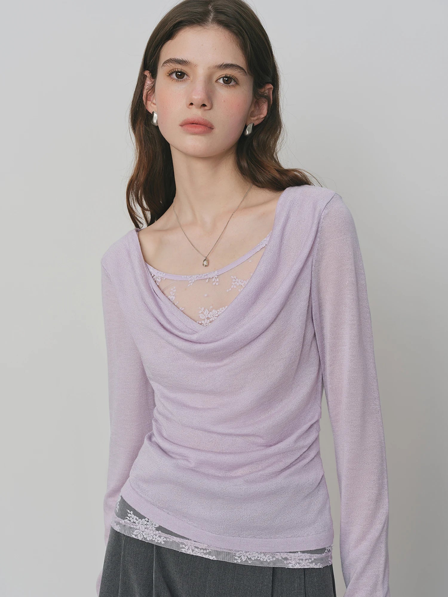 FSLE Purple Swing Collar Mesh Knit Sweater Women 2025 Autumn New Thin Slightly Transparent Long Sleeve Top