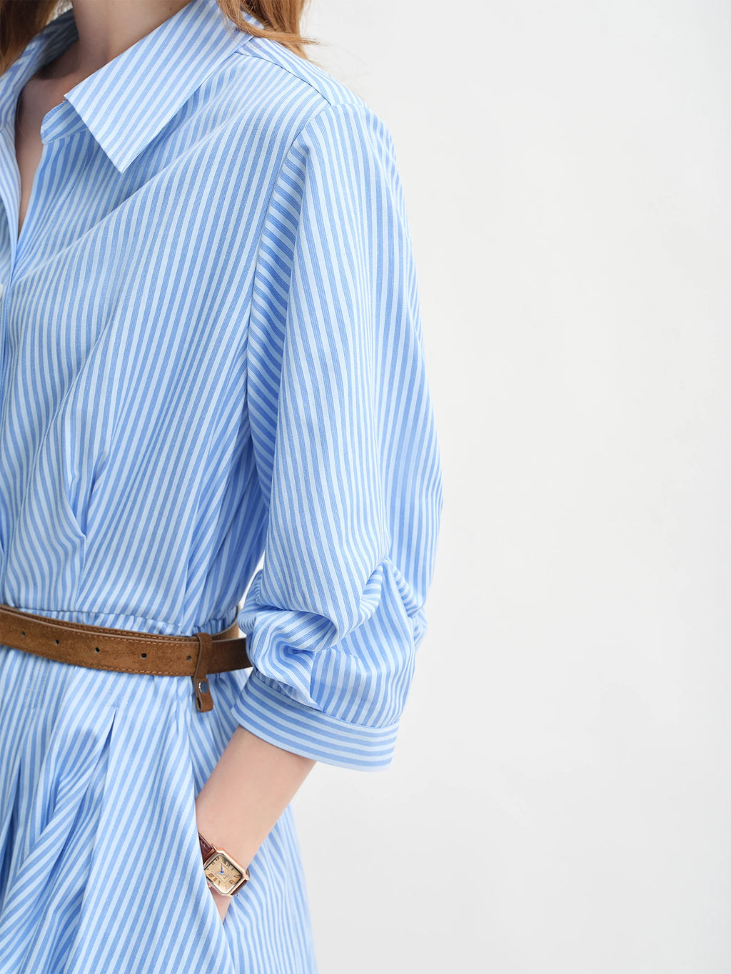 DUSHU Blue and White Striped Design Pleated Three-quarter Sleeve Waist Shirt Dress 2025 Autumn