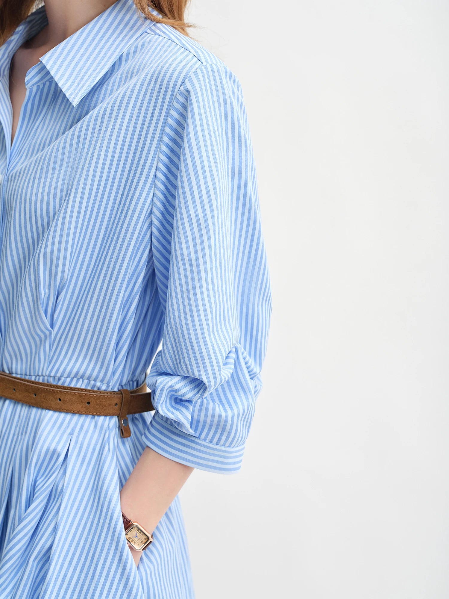 DUSHU Blue and White Striped Design Pleated Three-quarter Sleeve Waist Shirt Dress 2025 Autumn