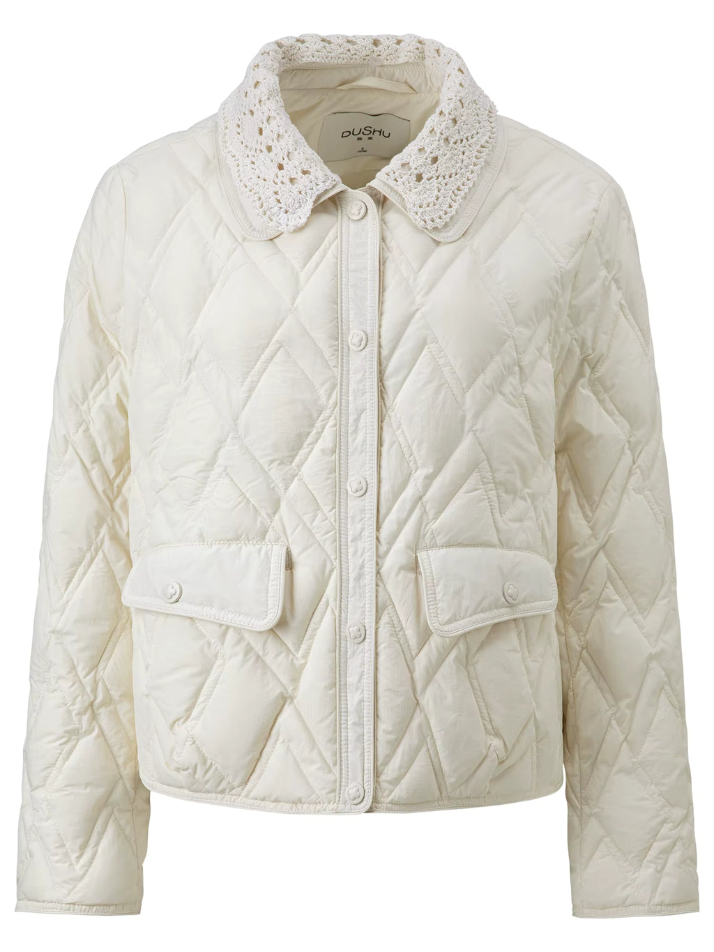 Plus Size Women's Cream Quilted Down Coat with Crochet Lace Collar Winter 2025 Fashion Warm Short Puffer Jacket Outerwear