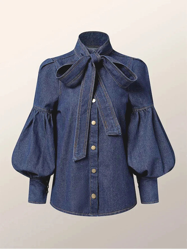 Gymystars New Trendy Imitation Denim Blouse Tops for Women Long Puff Sleeves Bow-Embellished High Neck Women's Autumn Shirts