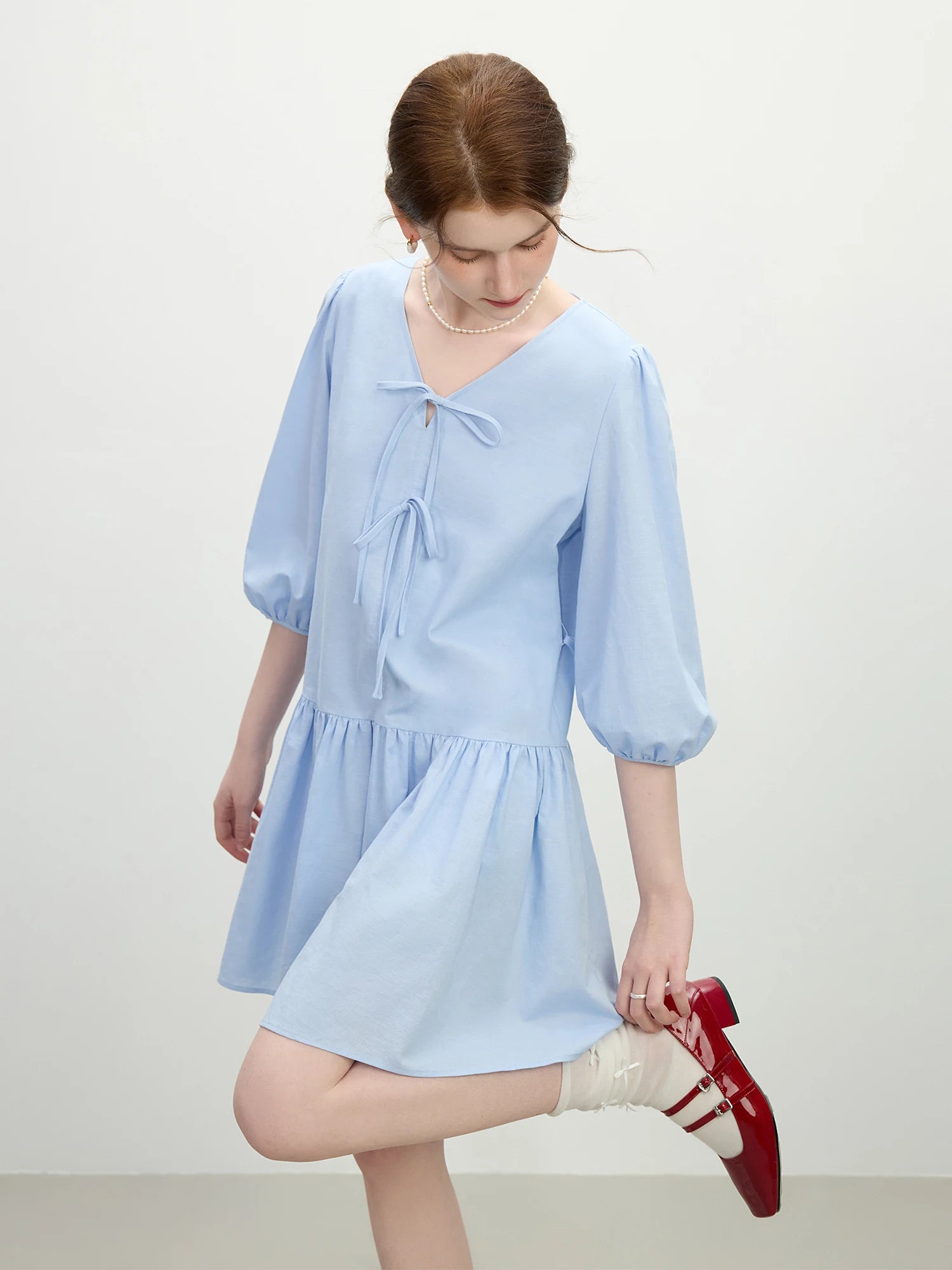 FSLE Office Lady French V-Neck Bow A-Line Dress 2025 Summer High-Waisted Linen Blend Casual To Chic Boho
