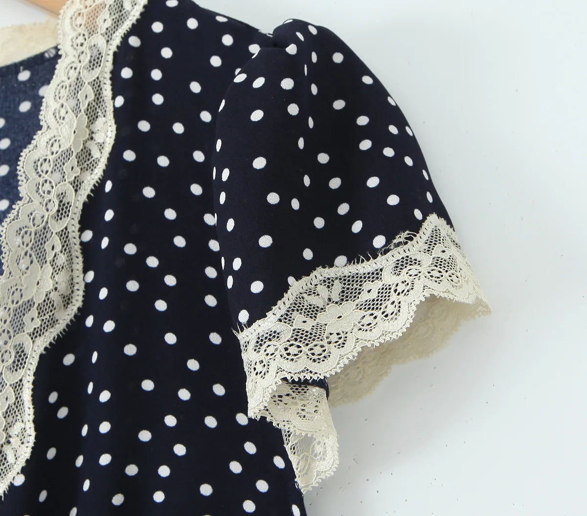 Elegant Navy V Neck Polka Dot Print Lace Trim Dress