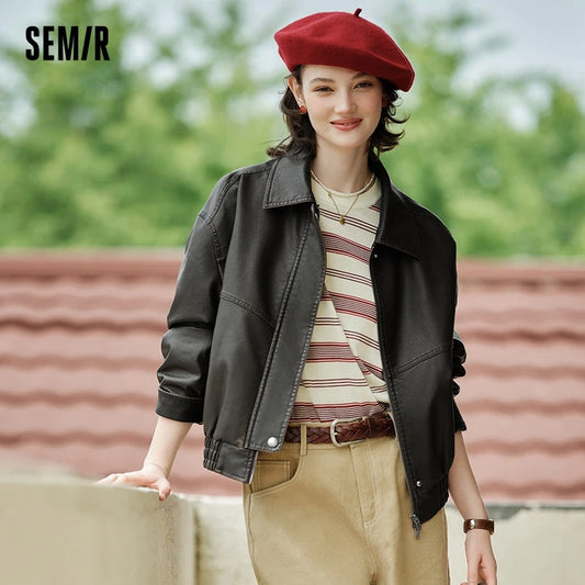 Semir Jacket Women PU Imitation Leather Vintage Personality 2024 Autumn New Trendy Street Loose Coat