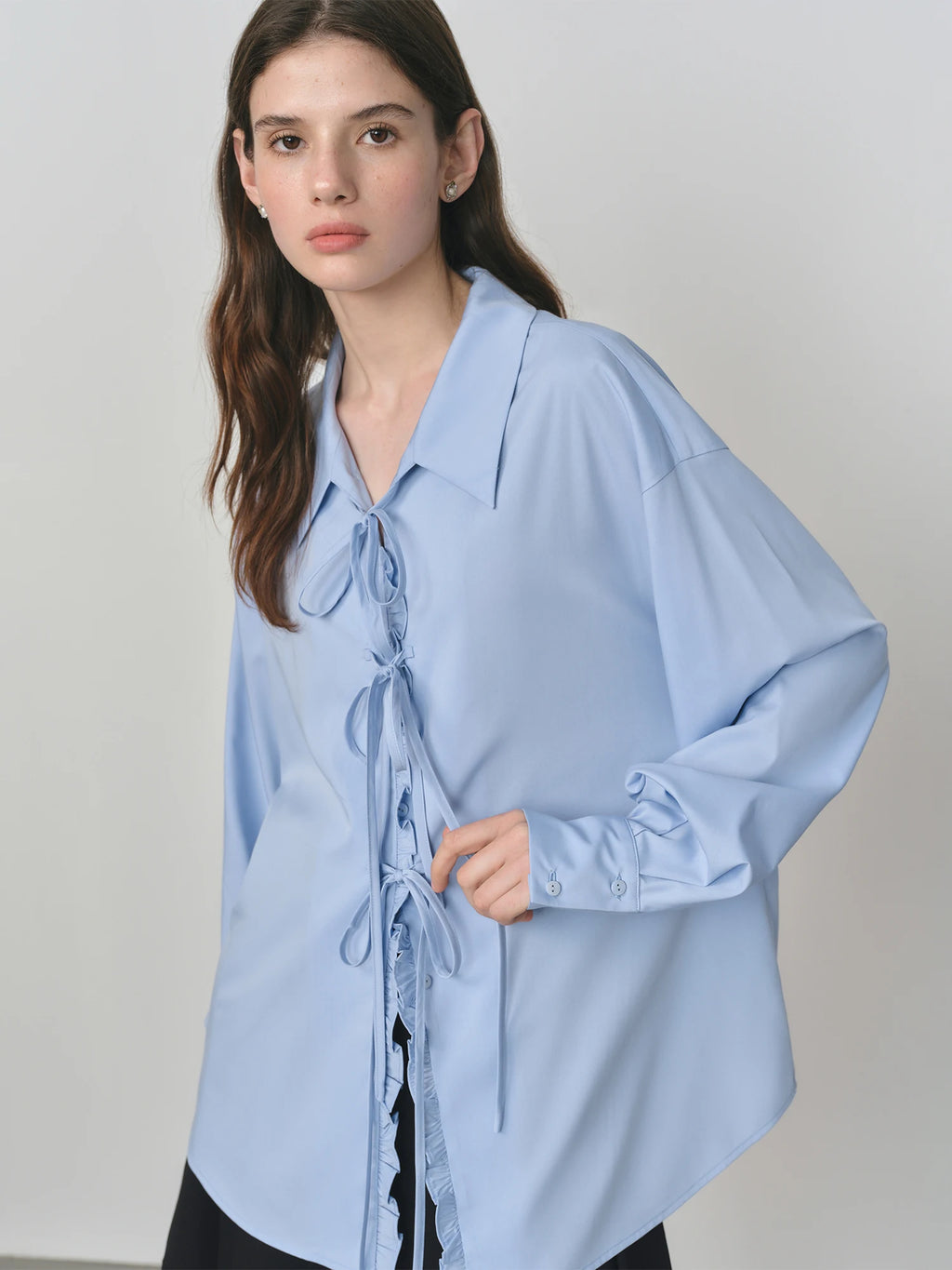 FSLE Autumn 2025 Women's French Inspired Blouse - Ruffle Trim Tie Front Loose Fit Shirt Collar Top Soft Blend Daily Wear