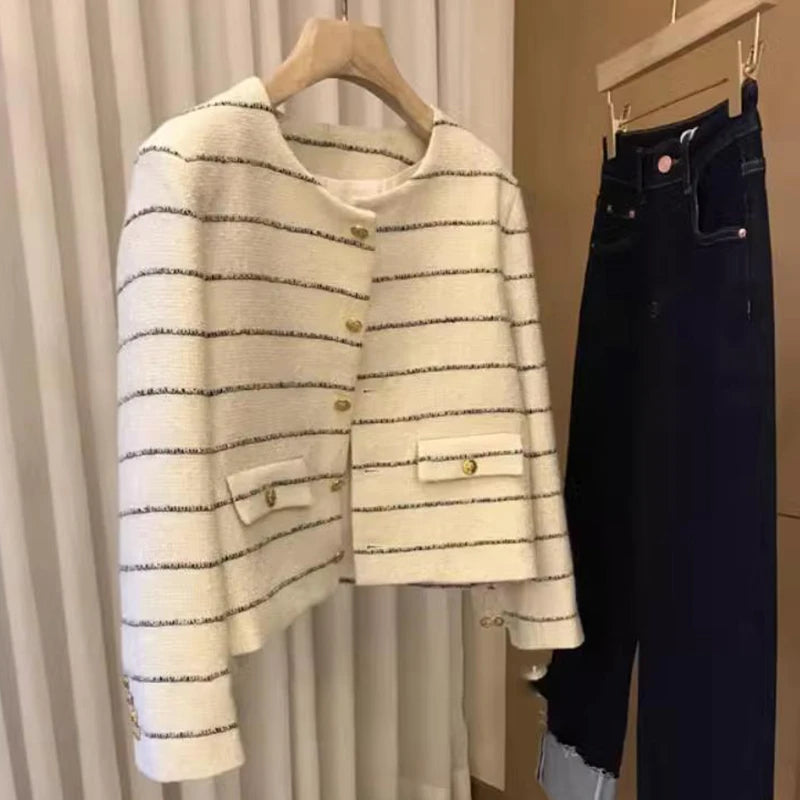 Autumn Winter Striped Tweed Jacket Women O Neck Long Sleeve Elegant Woolen Basic Coat Outerwear Crop Top