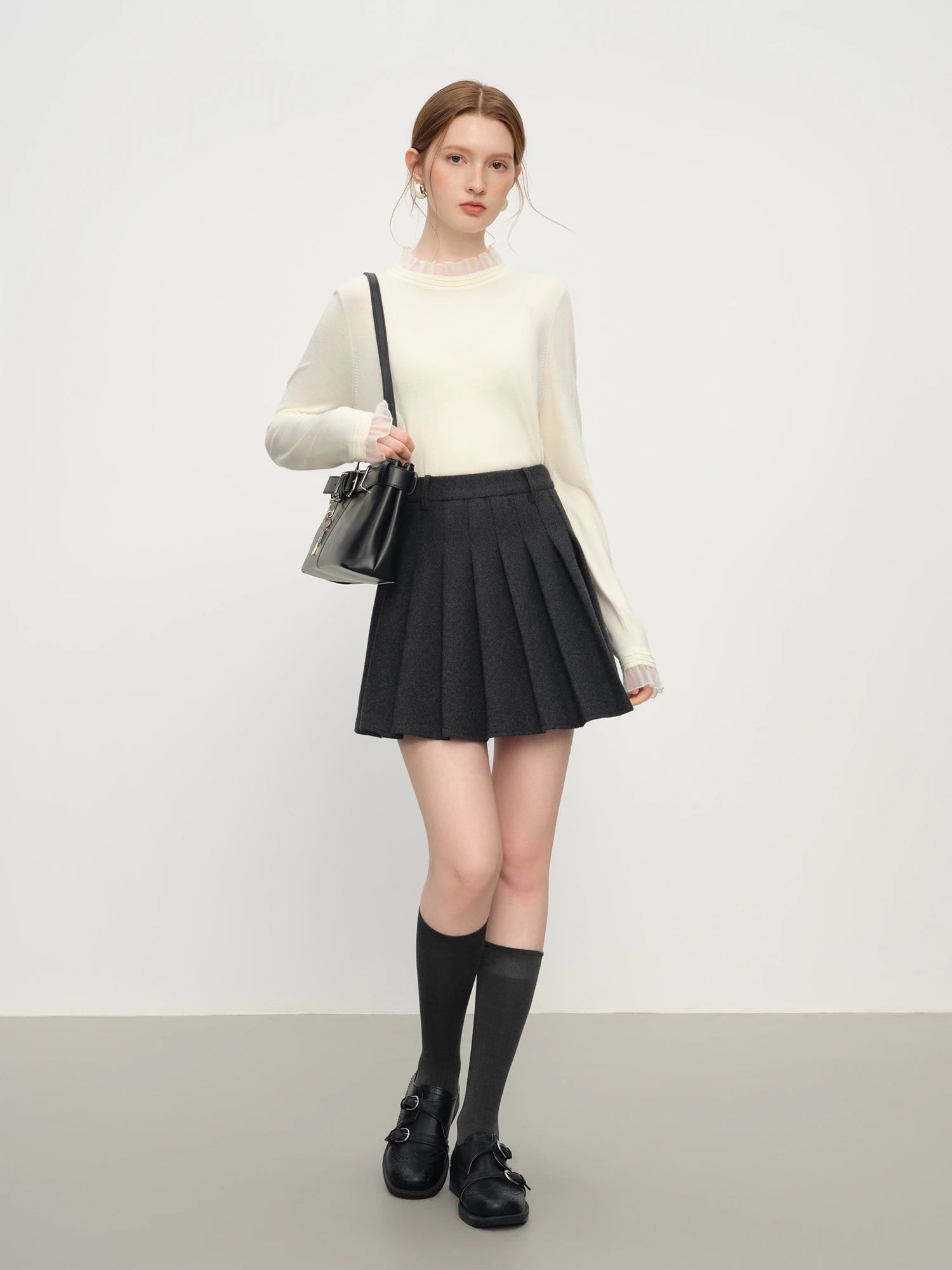 2025 Women's Mock Neck Knit Top - Ruffle Trim Detail Layering Staple Autumn Winter Base Layer with Soft Stretch Fit