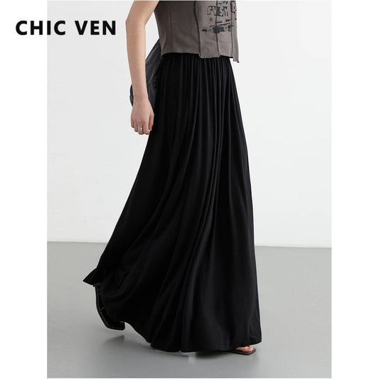 CHIC VEN Women Skirts A Line Fold Solid Loose Elastic High Waisted Long Skirt Female Skirt Office Lady Summer 2024