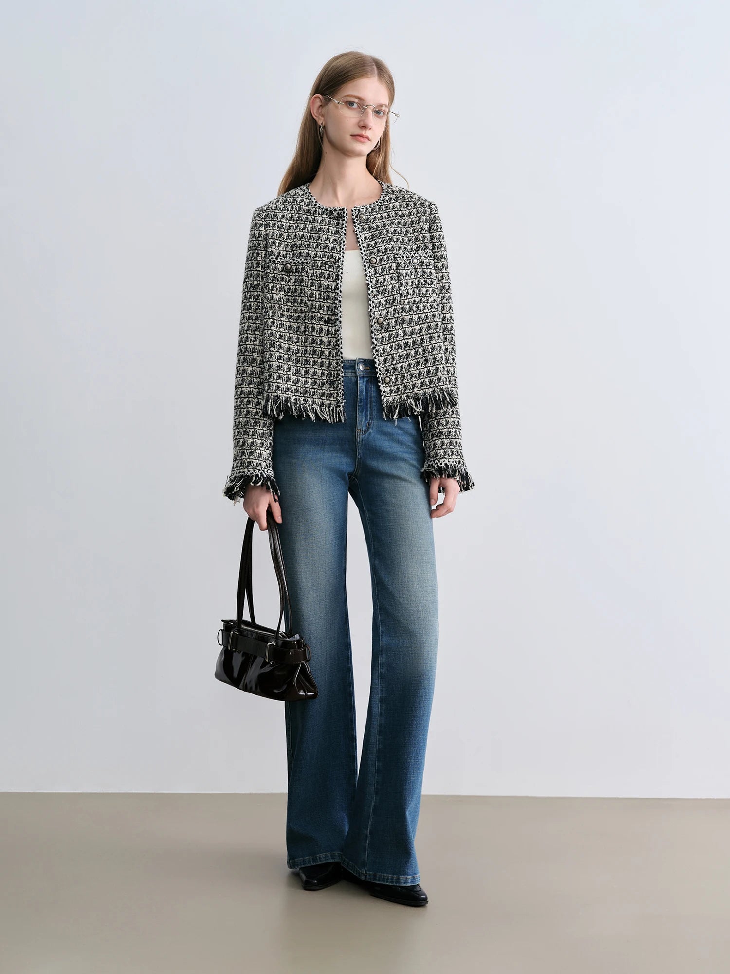 ZIQIAO Petite Plaid Tweed Jacket for Women 2025 Autumn New Chic Short Coat French Style Elegant Office Blazer Casual Outerwear