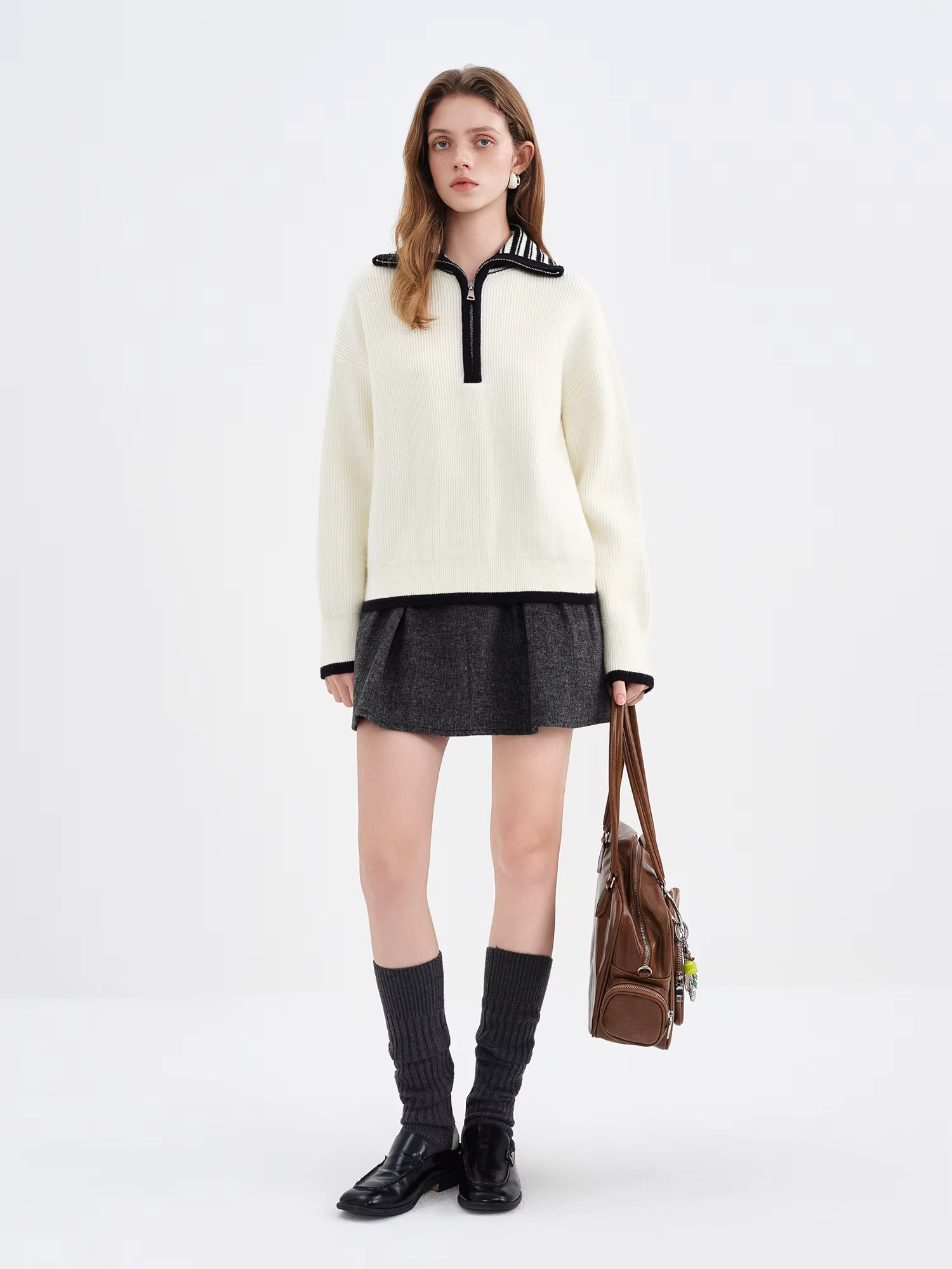 Women's 2025 Autumn/Winter New Style Ribbed Loose-fitting Zipper Stand Collar Color Block Inner Knit Sweater