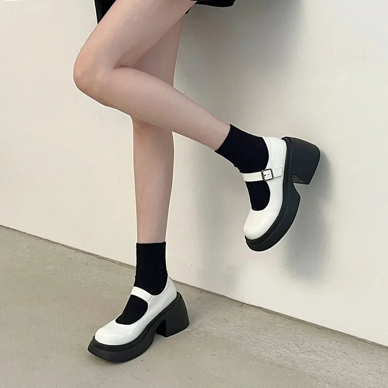 Platform Mary Jane Shoes 2024 New Women's Shoes Women Thick Heels Trendy Street Lolita Shoes Round Toe Ankle Strap  Pumps