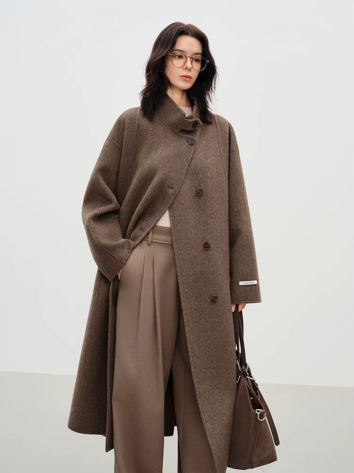 2025 New Women's Elegant Stand Collar 100% Wool Double-Faced Long Coat Diamond-Shaped Tailoring Autumn Winter Outerwear