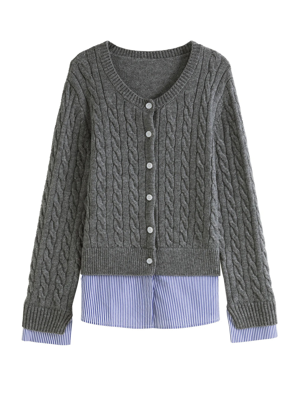 DUSHU 31.2% Wool Women Grey Cardigans Parchwork Stripe Design Female Winter Coat Tops Women Round Neck Wool Coats 24DS84448