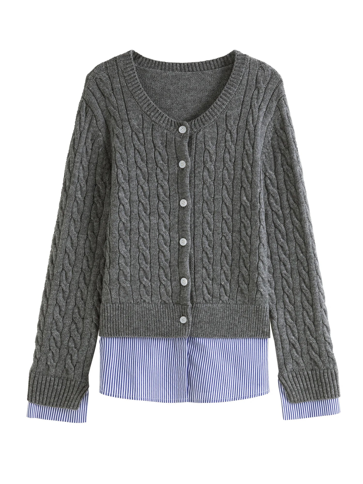 DUSHU 31.2% Wool Women Grey Cardigans Parchwork Stripe Design Female Winter Coat Tops Women Round Neck Wool Coats 24DS84448