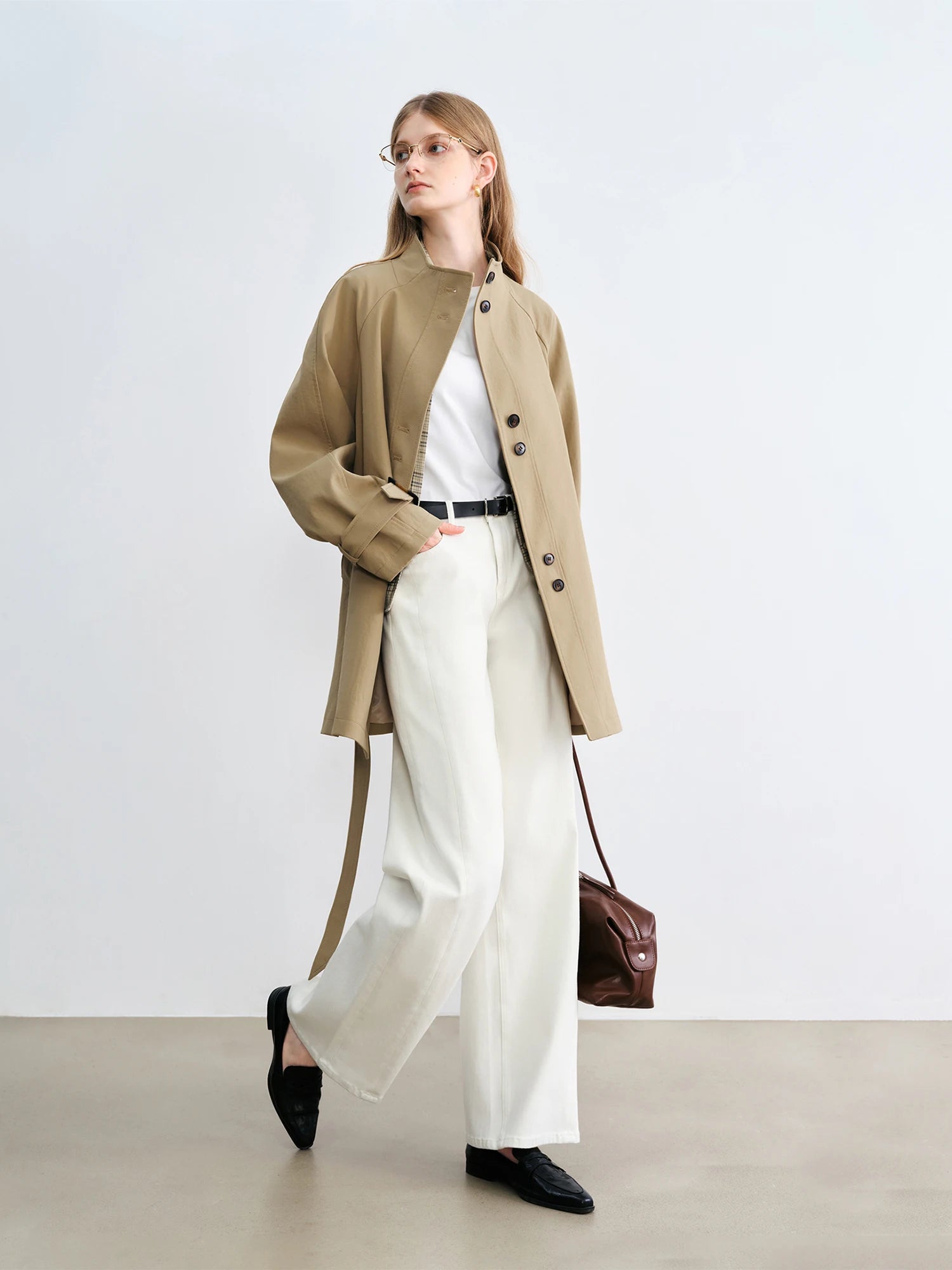 ZIQIAO Retro Style Stand Collar Mid-length Trench Long Jacket For Women 2025 New Arrival Short Khaki Coat