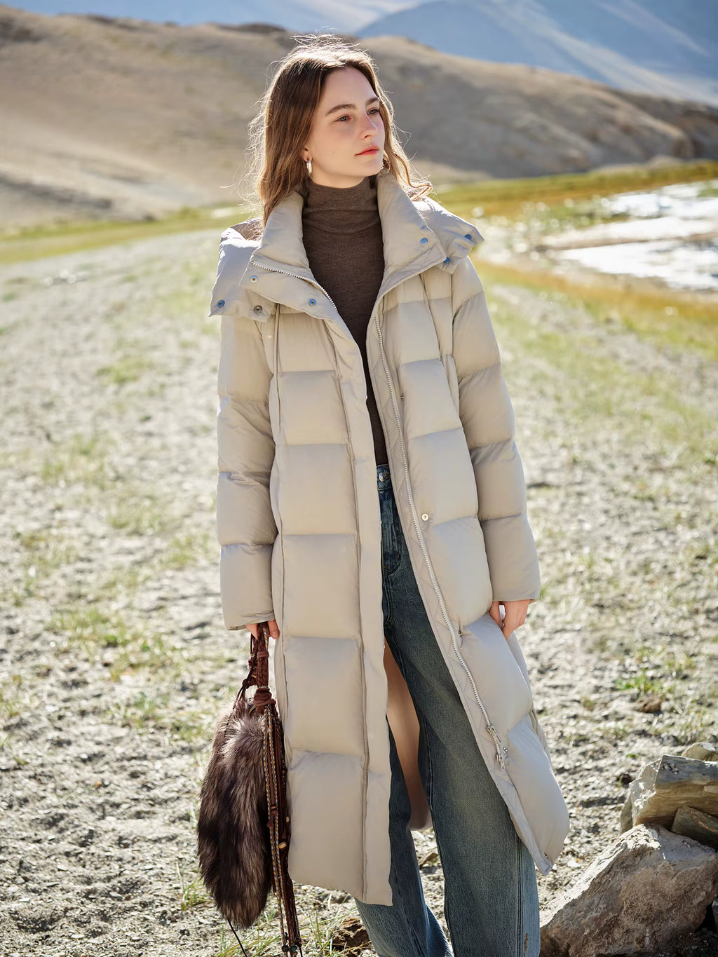 Puff Hooded Color Matching Knee-length Down Jacket Women's Winter 2025 New Cold-proof Warm Coats Simple Leisure