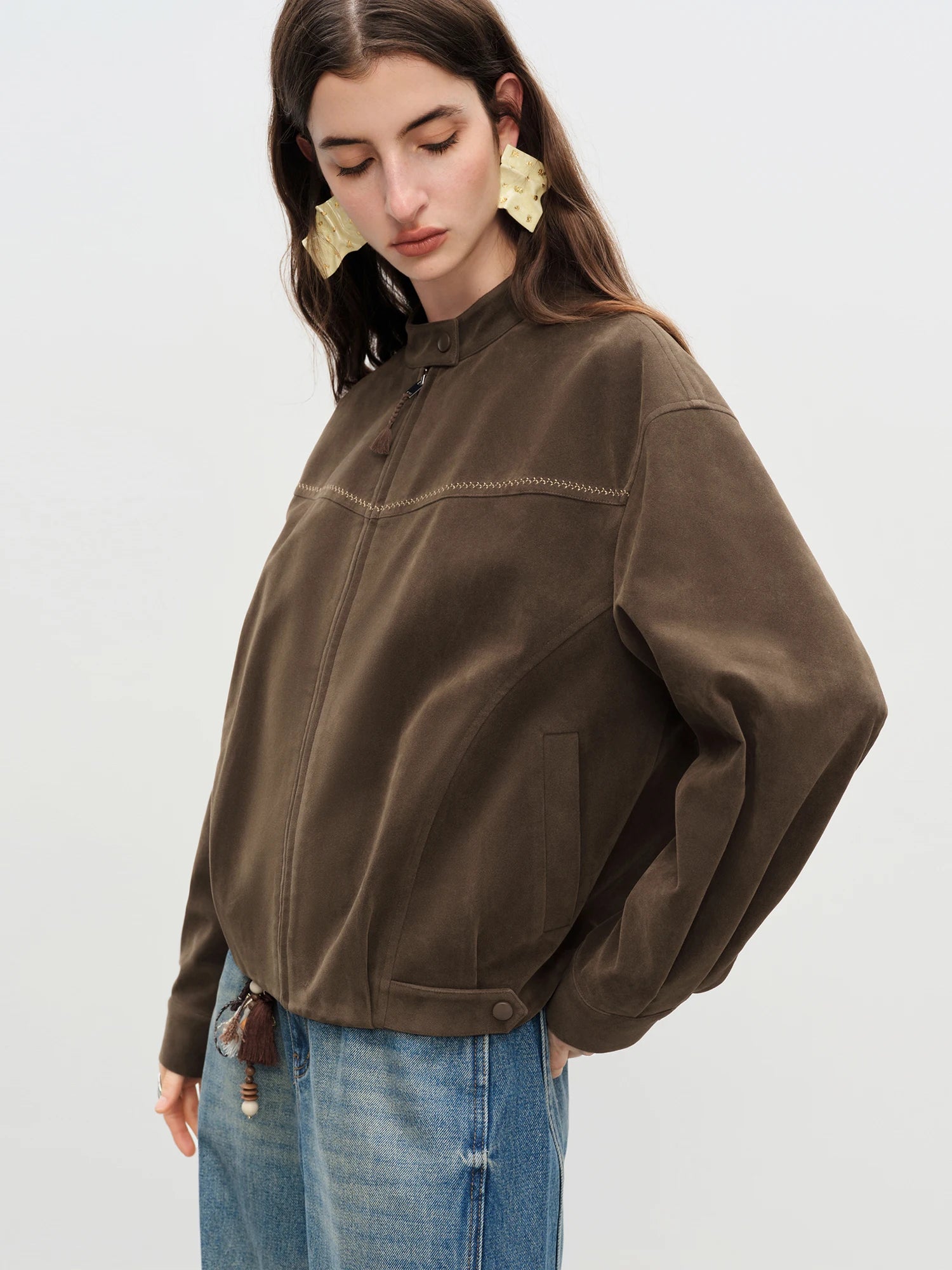 FSLE【Premium Series】2025 Women's Faux Suede Embroidered Jacket - Retro Inspired Stand Collar Short Coat Casual Office