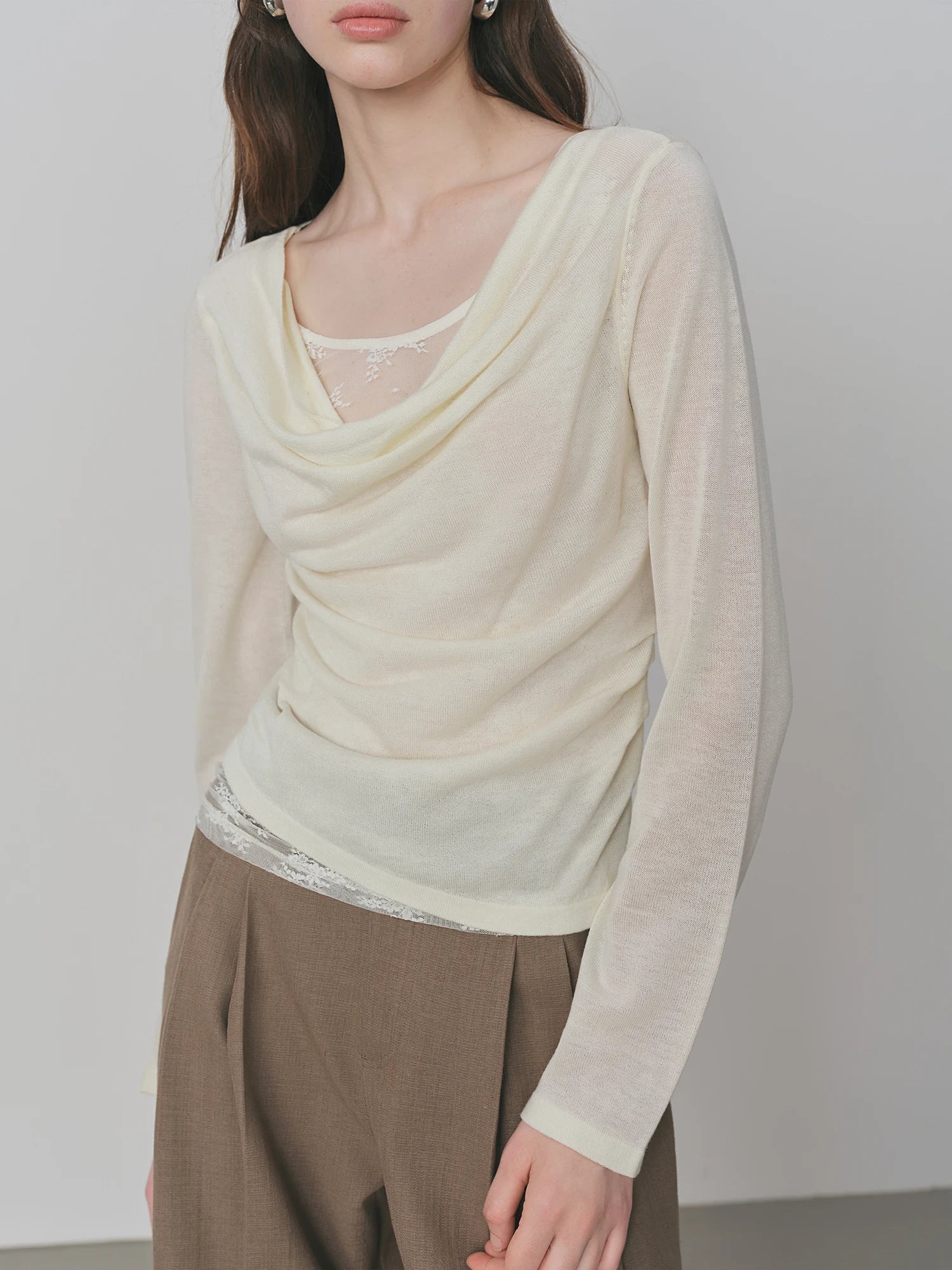 FSLE Purple Swing Collar Mesh Knit Sweater Women 2025 Autumn New Thin Slightly Transparent Long Sleeve Top