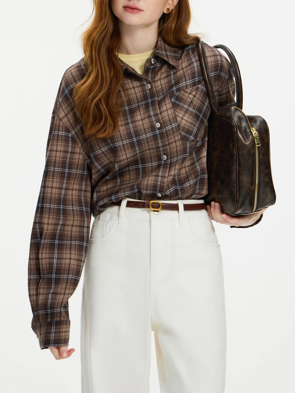 FSLE Women Plaid Blouse Polo Neck Drop Sleeve Female Retro Brown Plaid Shirt Hem Lace Patchwork Design Long Sleeve Top 24FS14543