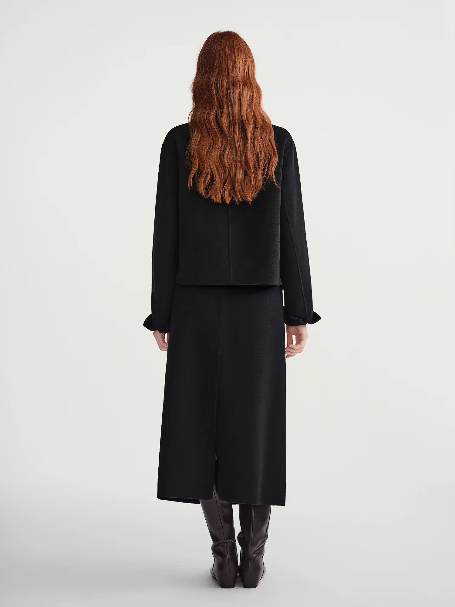 Elegant Sets Women Winter Cropped Black Coats Skirt Suit Peter Pan Collar Woolen Jacket Age-reducing Temperament French