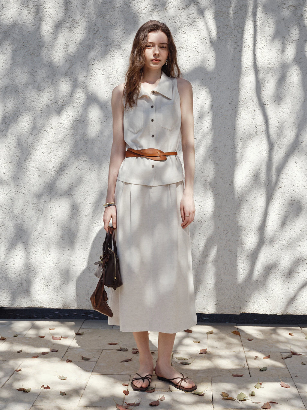 FSLE 2025 Summer Women's Minimalist Sleeveless Shirt Set - Relaxed Fit & Fluid Skirt Coordination