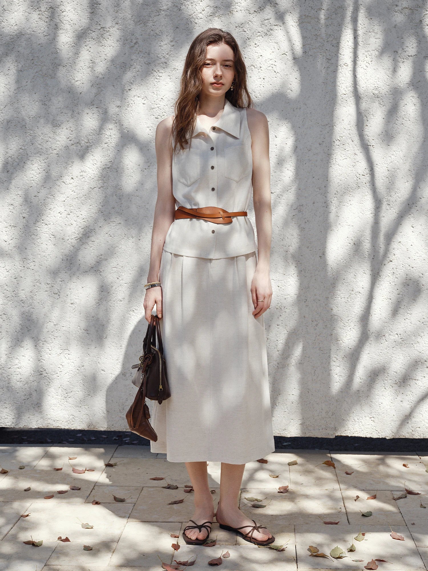 FSLE 2025 Summer Women's Minimalist Sleeveless Shirt Set - Relaxed Fit & Fluid Skirt Coordination