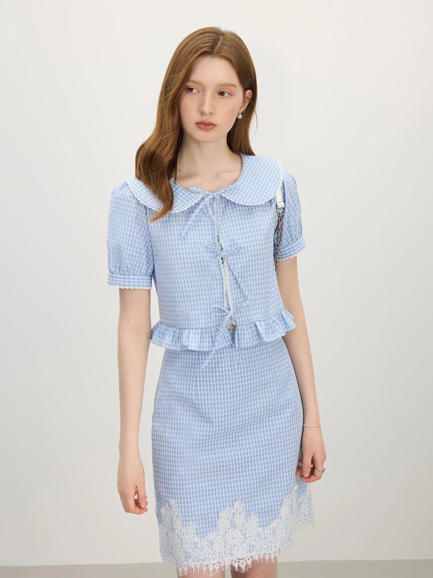 FSLE Sweet Style College Doll Collar Striped Shirt Skirt For Women 2025 Summer New Arrival Lace Stitching Chic Set HolidayOutfit