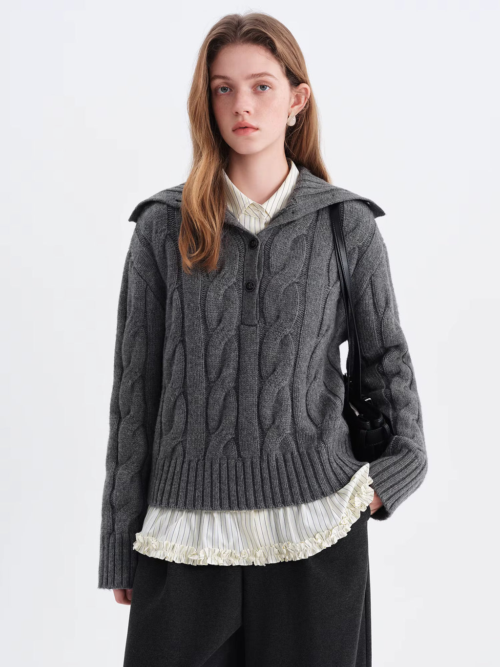 Reversible Turned-Up Collar Floral Knit Sweater for Women Winter 2025 New Arrival Slightly Oversized Fit Sweaters Pullovers