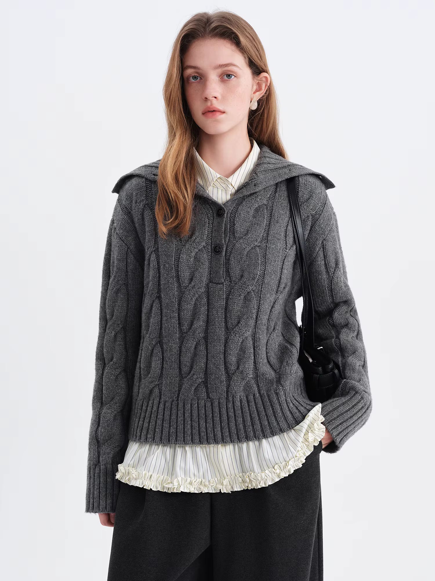 Reversible Turned-Up Collar Floral Knit Sweater for Women Winter 2025 New Arrival Slightly Oversized Fit Sweaters Pullovers