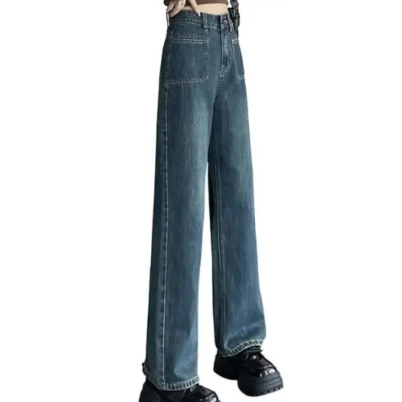 Loose Straight Leg Jeans Women's Front Pocket Design High Waist Floor Female Trousers American Wide Leg Long Pants Classic
