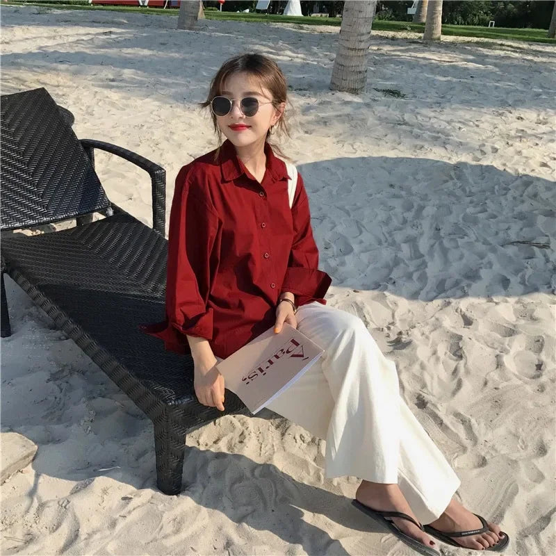 Burgundy Shirts Women Vintage Single Breasted Long Sleeve Baggy Preppy Style Fashion Simple Beach Holiday Korean Retro Oversize