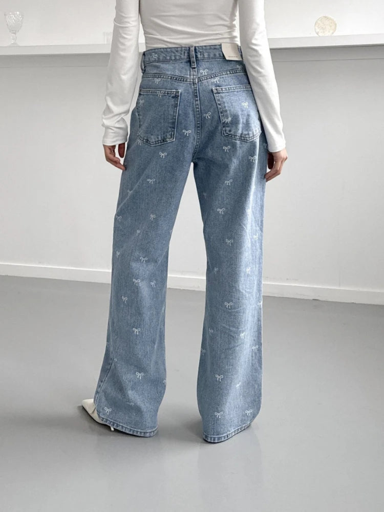 Women Light Blue Jeans Pant Korean Baggy Bow Decorated High Waisted Straight Leg Long Pant Female Casual Printed Button Trousers