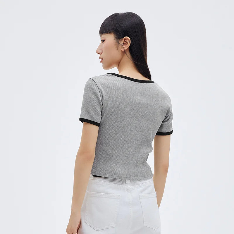 Semir Short-sleeved T-shirt Women PJ Casual Home Interior Fashionable Sweet Vest Square Neck Knitted T-shirt