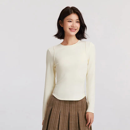 Semir Long Sleeve T-Shirt Women Round Neck Tight Subtle Design 2024 New Winter Moisture-Wicking Frayed Long Sleeve T-Shirt