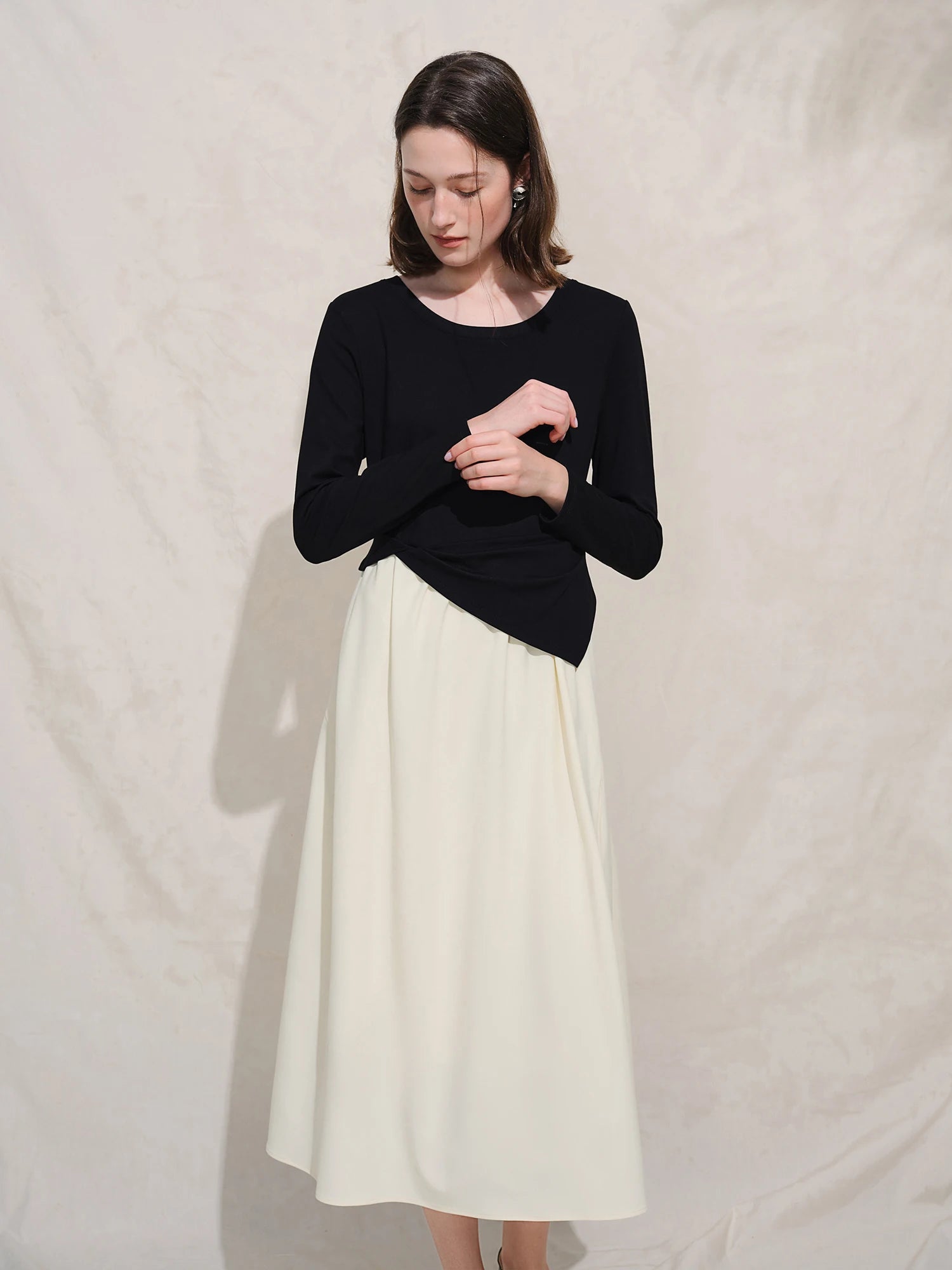 Autumn 2025 Women's French Style Color Block Dress - Contrast Panel Shift Workwear Midi Skirt with Flattering Fit