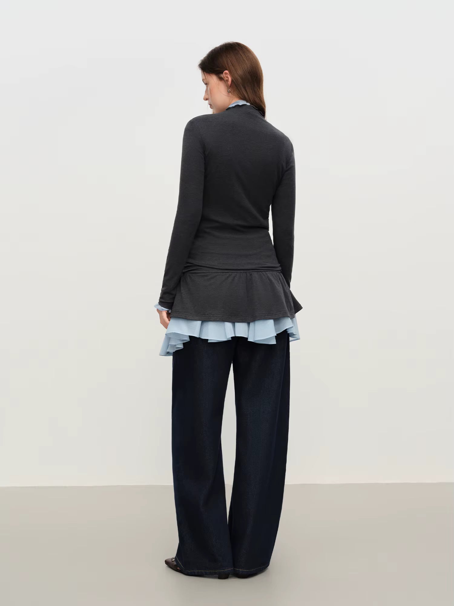 Korean Ballet Style Ruffled T-shirt Women's 2025 Autumn and Winter Chiffon Ribbon Shirt Layered Two-piece Suit