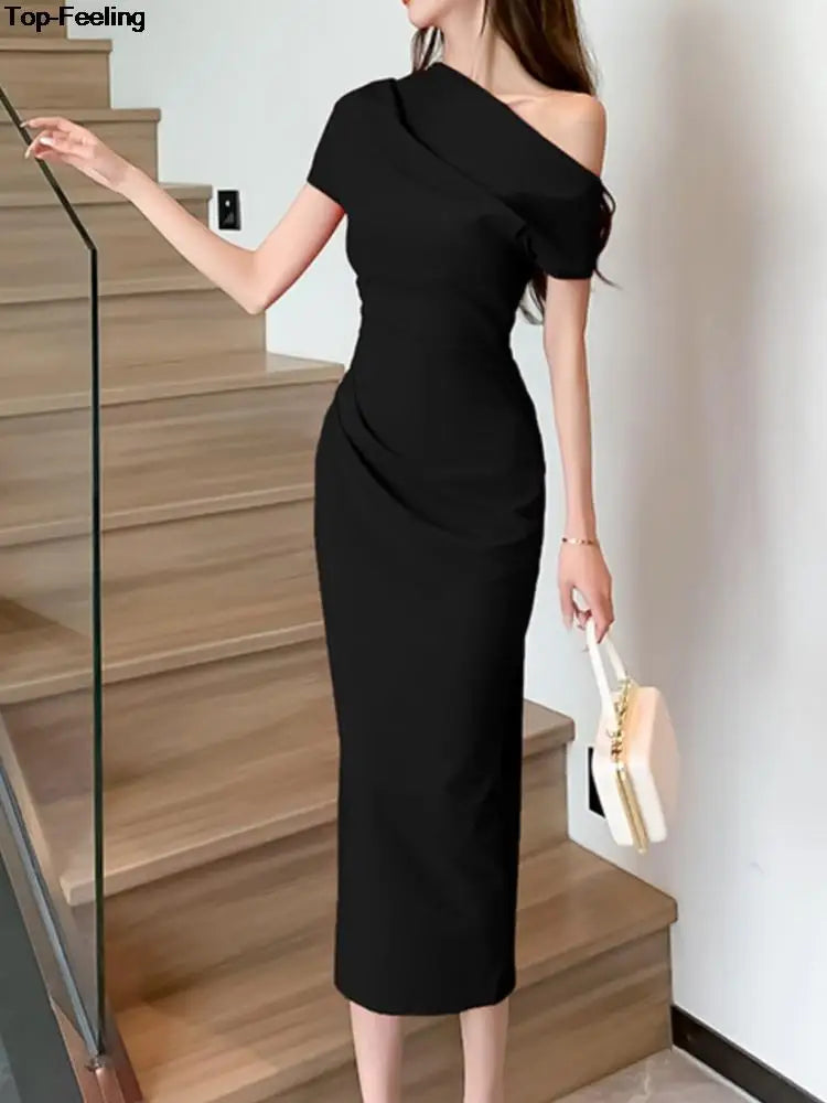 Elegant Off Shoulder Evening Party Dresses Women Summer Fashion Slim One Piece Solid Vestidos Korean Graduation Robe Clothing