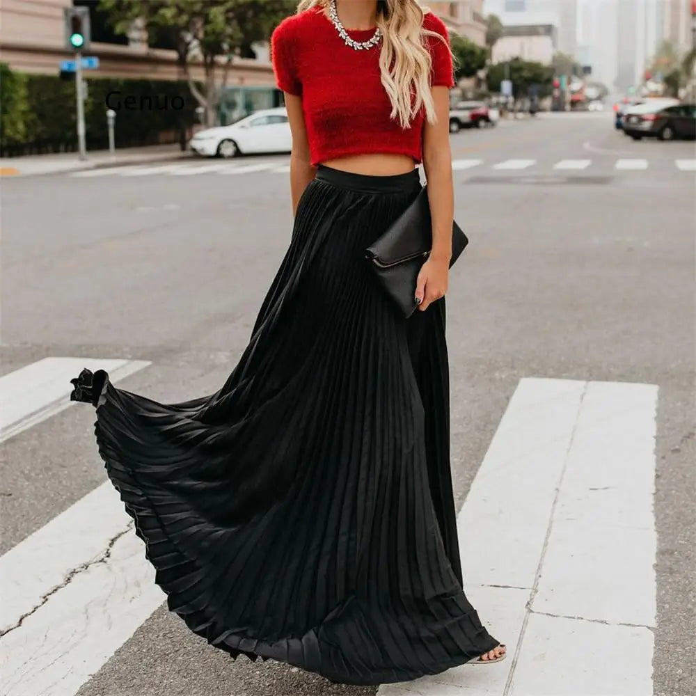Sexy Red Wine Maxi Pleated Skirt Women 2022 Fashion Autumn Winter Long Plissee Skirts Korean Style  Jupe Longue Femme