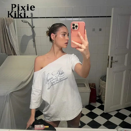 PixieKiki Letter Print Graphic T Shirts White Oversized One Shoulder Tops Womens Summer Fashion Clothing Trends 2024 P71-BG14