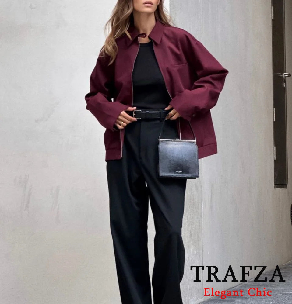 TRAFZA-Women Vintage Loose Zipper Jacket Lapel Burgundy Color Jacket New 2024 Autumn Fashion Versatile Street Outwear Jacket