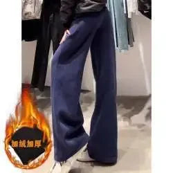 American Style High-waisted Slimming Wide-leg Pants For Women Casual Fleece-lined Thickened Petite Autumn/winter Trousers