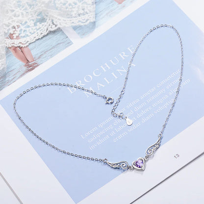 925 Sterling Silver Women Chain On The Neck Collarbone Necklace For Women Angel Wing Purple Zircon Pendant Chain Girl Jewelry